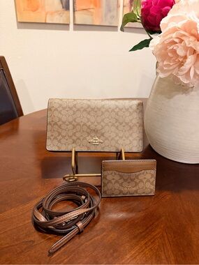 Coach Signature Canvas Crossbody / Clutch & Card Case Set in Brown / Saddle NWOT